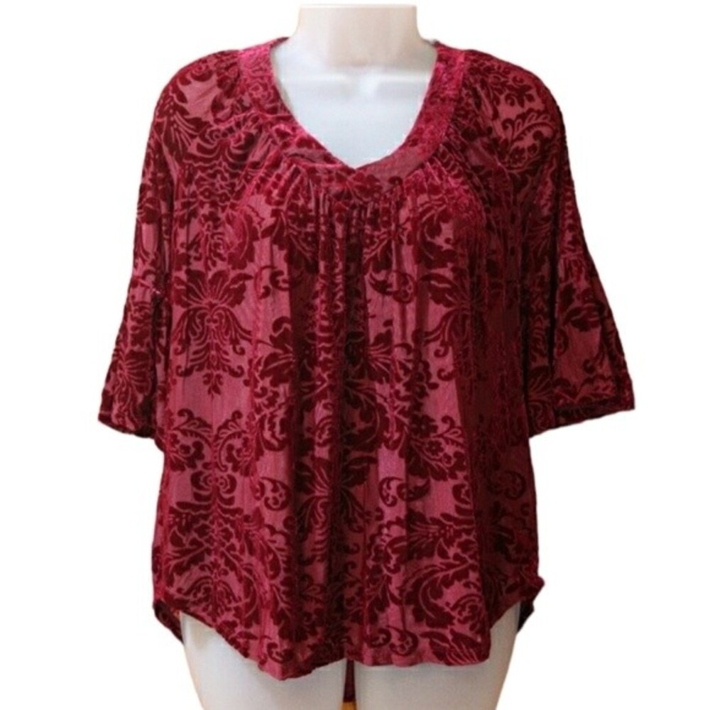 Always Indigo Red Velour Floral Vintage 90s Y2K Renaissance Style Top Medium